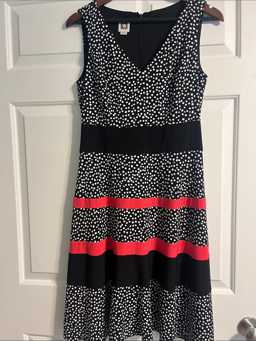 Anne Klein Black and White Polka Dot Midi Dress with Red Bands